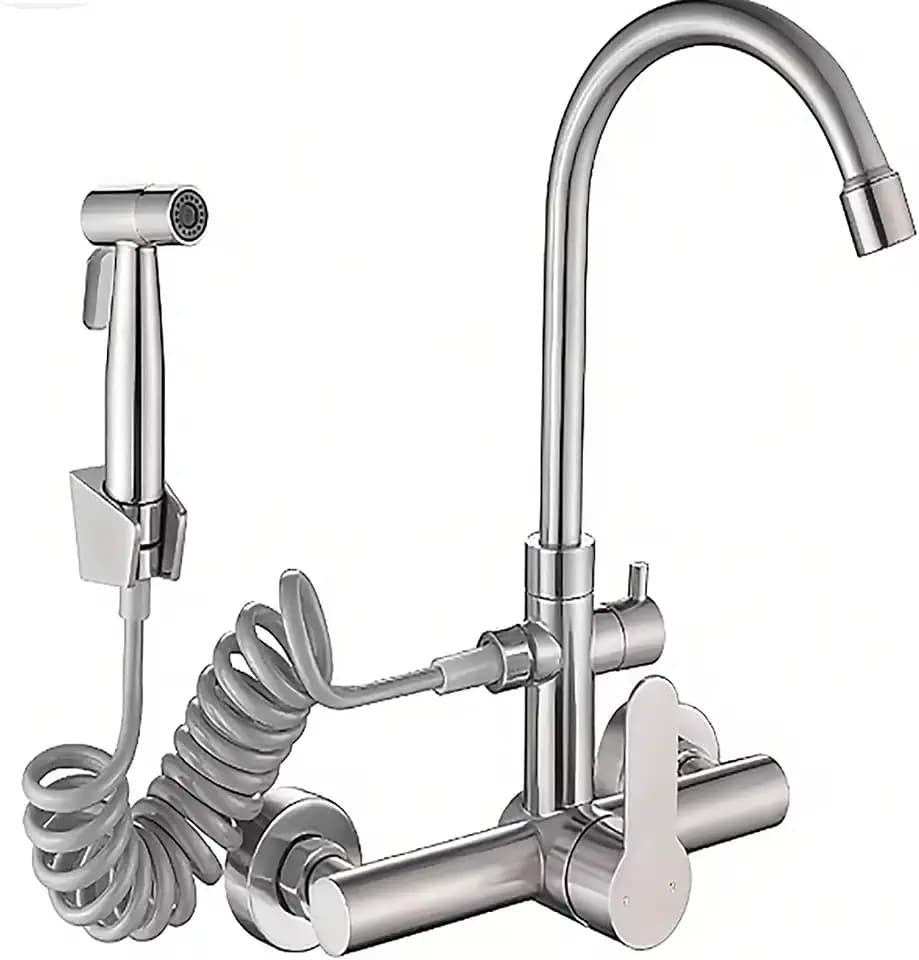Wasserhahn Küche Wandmontage Wandarmatur Küche mit Spritzpistole 360° Drehbare Küchenarmatur Wandmontage Edelstahl Gebürstet