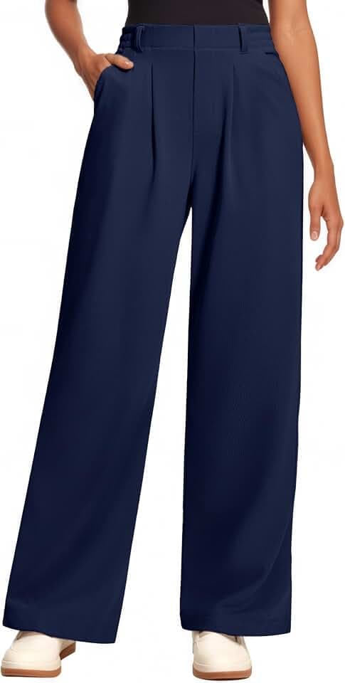 Oyamiki Damenhose mit weitem Bein, hohe Taille, Business-Waffel-Strickhose mit Taschen, lässig, lockere Lounge, Palazzo-Hose