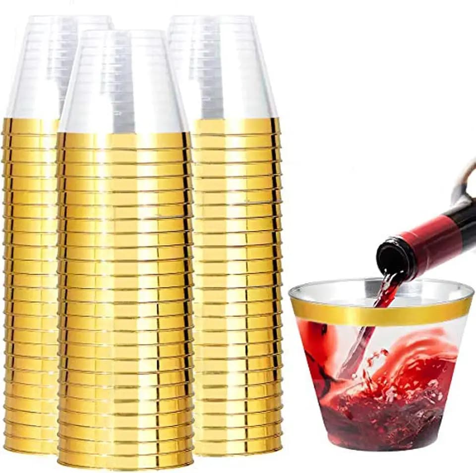 I00000 200 Pack Gold Plastic Cups, 9 OZ Elegant Gold Rimmed Plastic Cups