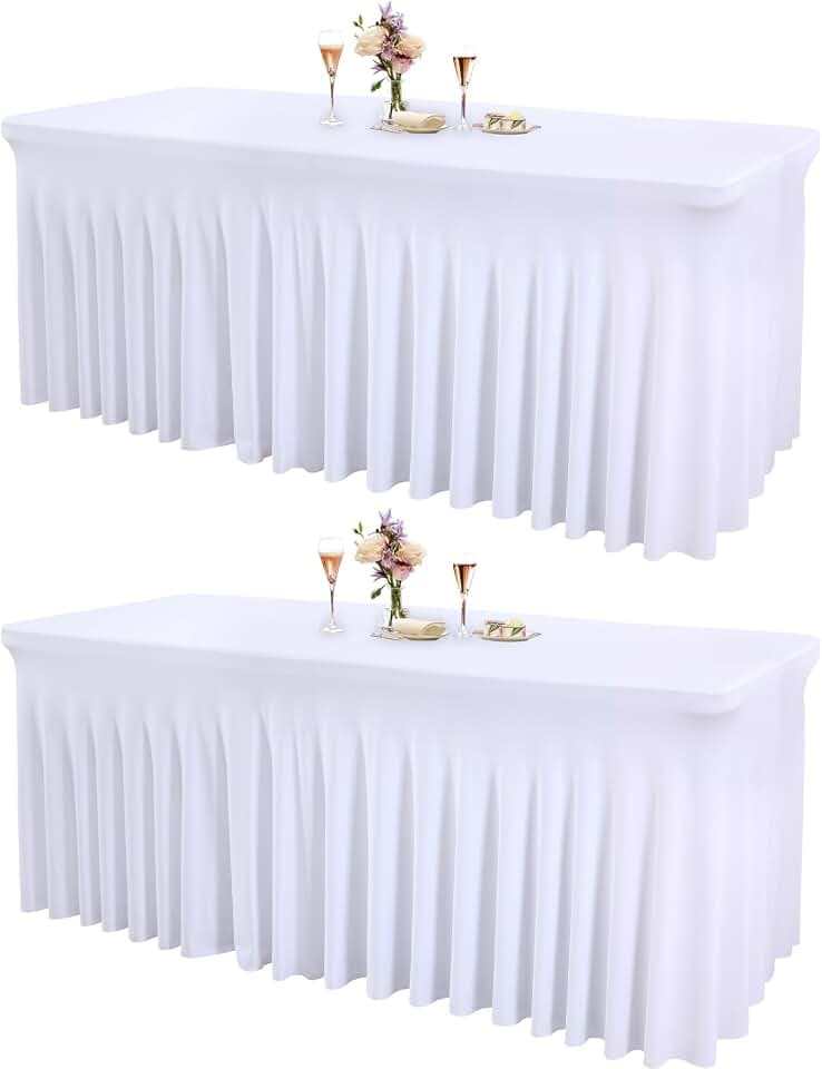 2 Packs White Tableclothes for 8 Foot Rectangle Tables, Wrinkle Resistant Fitted Table Cloth Stretch Spandex Table Covers with Skirt for Event Banquet Wedding Birthday Party