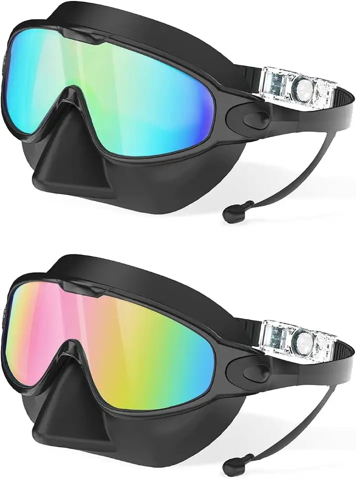 Swim Goggles Adult with Nose Cover for Men Women, 2 Pack Wide View Anti-Fog