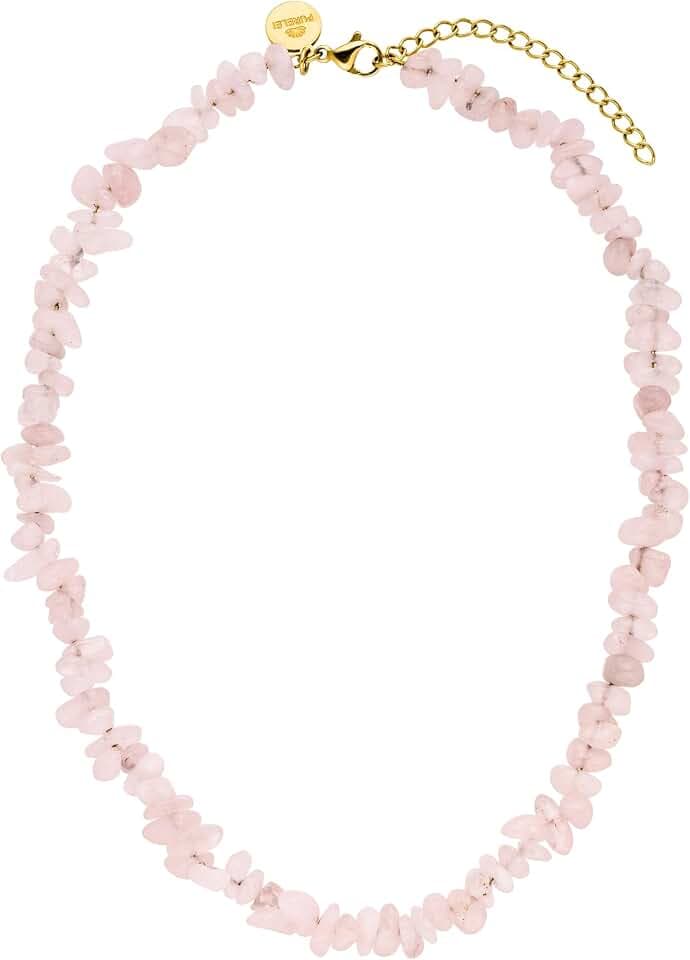 Purelei® Rose Quartz Necklace, Women's Necklace Made of Durable Stainless Steel, Waterproof Natural Rose Quartz Chip Chain, 35-40 cm Length Adjustable
