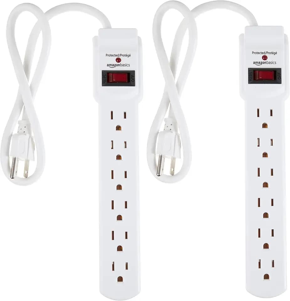 Amazon Basics Surge Protector Power Strip, 6-Outlet with 200J Protection, Circuit Breaker, LED Indicator, On/Off Switch, Wall-Mounting, 2ft Extension Cord, White, 2-Pack