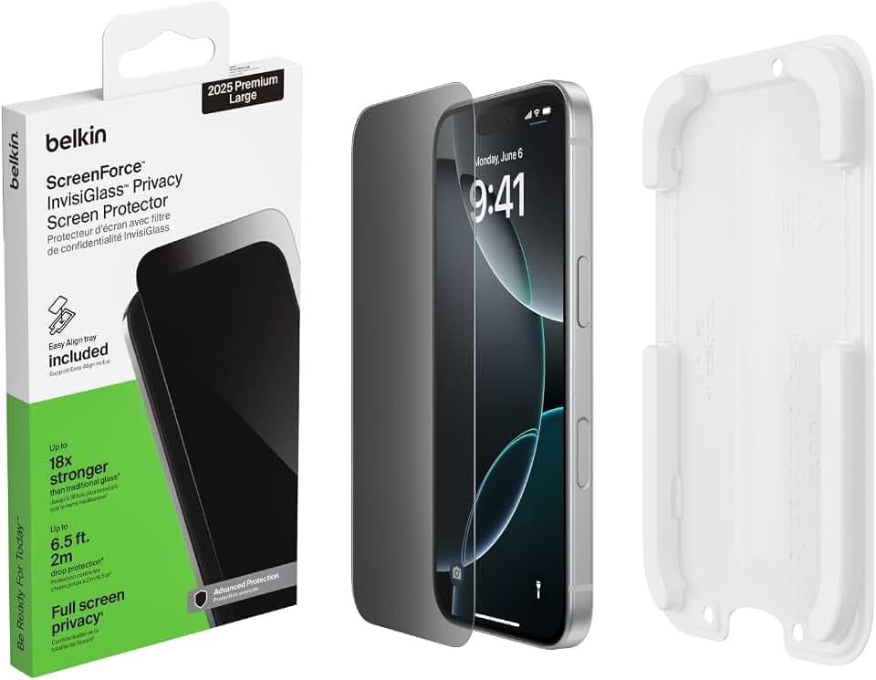 Belkin ScreenForce InvisiGlass Schutzfolie iPhone 17 Pro Max mit Sichtschutz, Kratzfest, Displayschutzfolie mit Positionierungsschale, Blasenfreie Anbringung, Glasschutz, 9H Härte, Recyceltes Glas