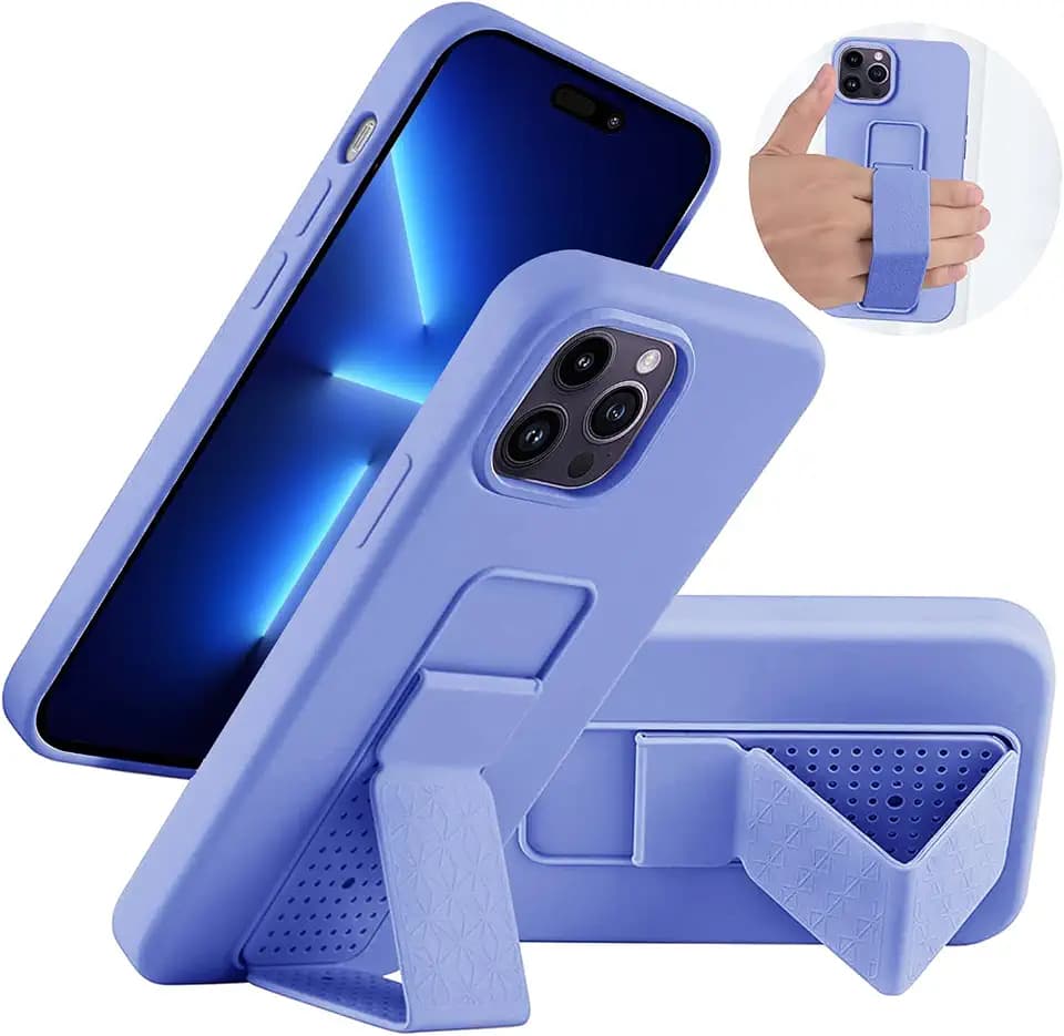 LAUDTEC Silicone Kickstand Case Compatible with iPhone 13 Pro, Vertical and Horizontal Stand Hand Strap Metal Kickstand Cover, Flexible Soft Liquid Silicone Stand Case for iPhone 13 Pro (Purple)