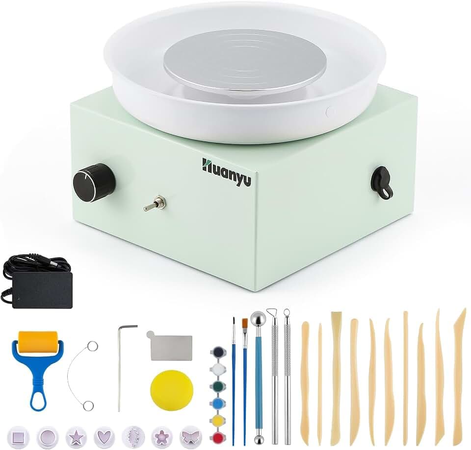 Huanyu Töpferscheibe 10cm Mini Elektrische Töpferscheibe Kleine Töpferscheibe für Anfänger 0-2000RPM Geschwindigkeit Einstellbare Keramik Töpferscheibe mit 27pcs Töpferwerkzeuge Kit (grün)