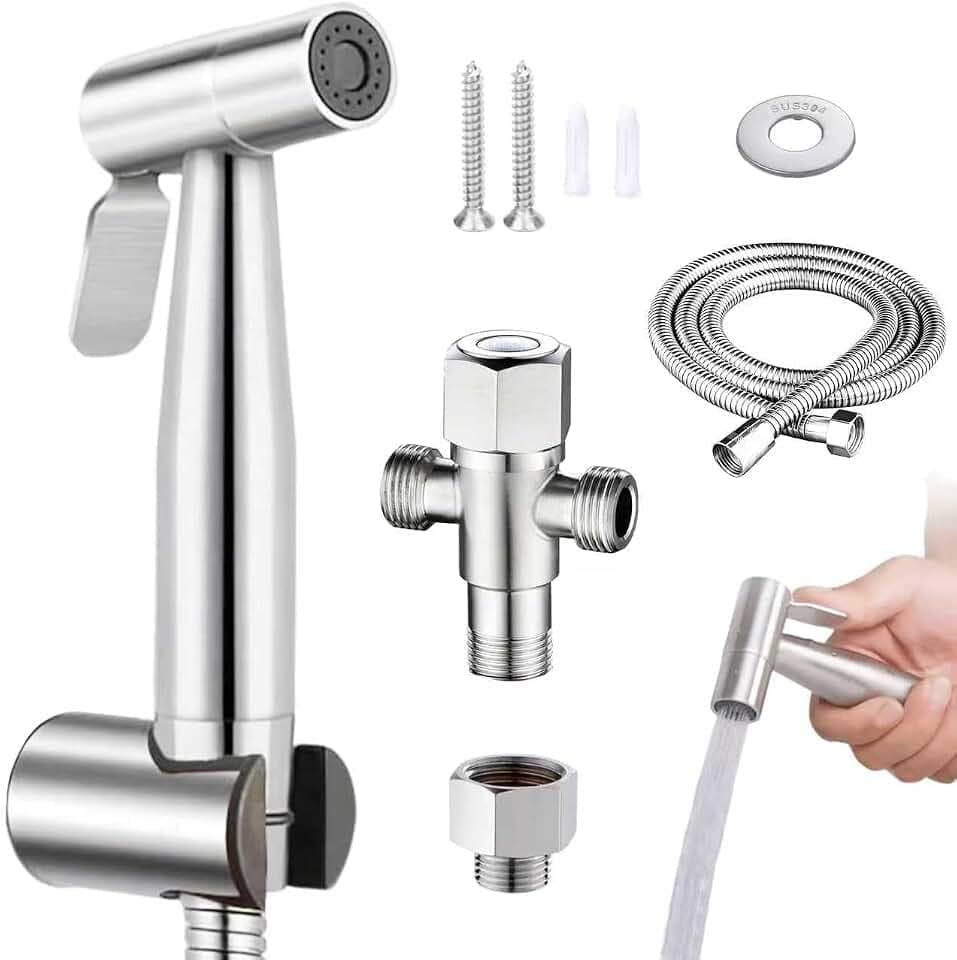 Bidet Handbrause Set mit 1,5 m Schlauch und 1/2 auf 3/8 Adapter, Edelstahl Handbrause für Toilette, Einfache Montage inkl. Zubehör für WC, Haustiere und Hygiene