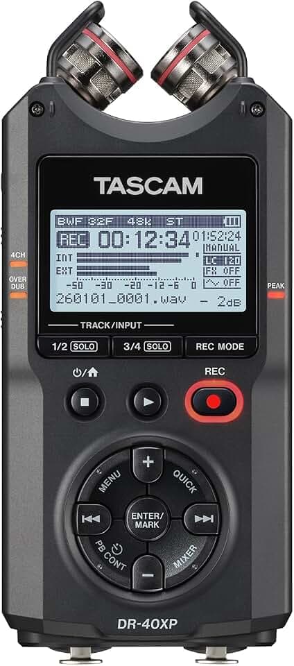 TASCAM DR-40XP portabler 4 Kanal Recorder mit 32-Bit-Float-Auflösung, USB Audio Interface und verstellbaren Mikrofonen