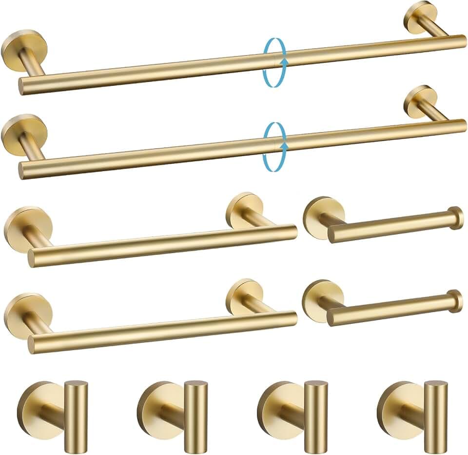 TURS Gebürstetes Gold, 10-teiliges Badezimmer-Hardware-Set, SUS304 Edelstahl, 61 cm, Badetuchstangen-Set, rundes Badezimmer-Zubehör-Set, Wandmontage