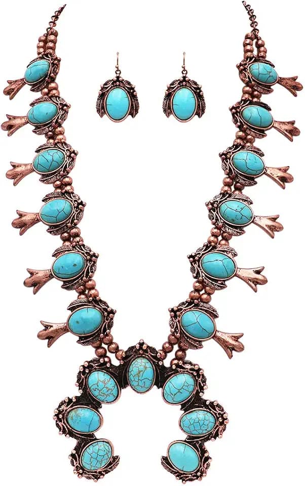 Rosemarie & Jubalee Women's Statement Western Howlite Squash Blossom Necklace Earrings Set, 24"+3" Extension