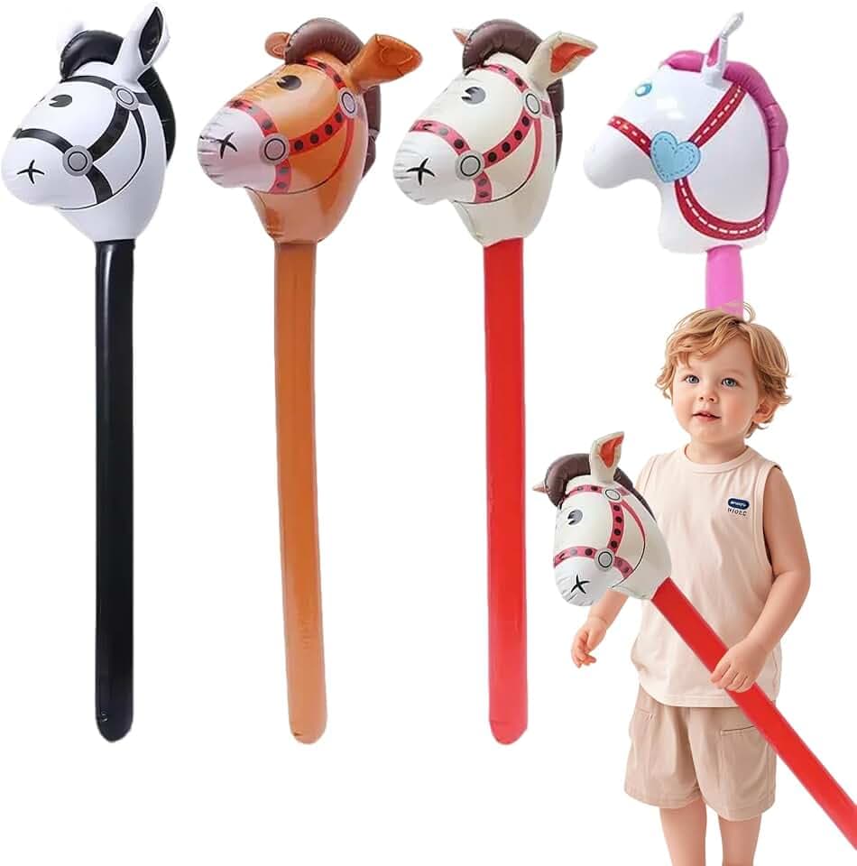 4 Stück Aufblasbare Pferdekopfstäbe, Steckenpferd,Aufblasbarer Stock Stockpferd(100 cm)，Rot/Schwarz/Braun/Rosa. Für Theme-Partys, Geburtstage, Weihnachten