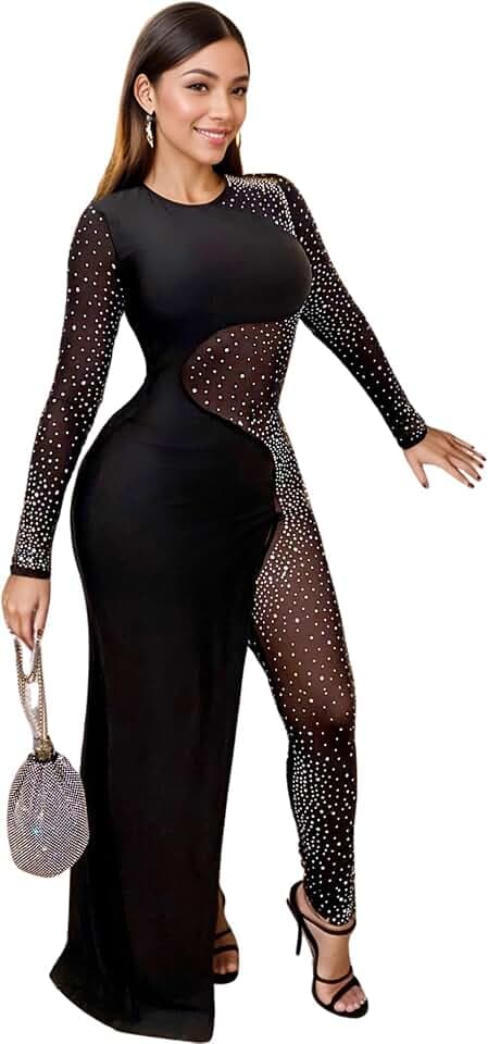 Jigfar Women Sexy Embellished Rhinestone Jumpsuit Mesh See Through Romper