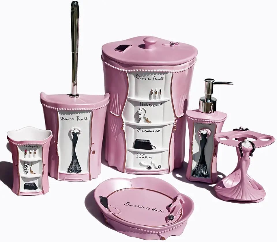 LUANT 6 PCS Bathroom Accessories Including Soap Dispenser, Soap Dish, Tumbler, Teethbrush Holder, Trash Can and Toilet Brush, Decoration for Girl's Bathroom, Countertop Oragnizer, Pink