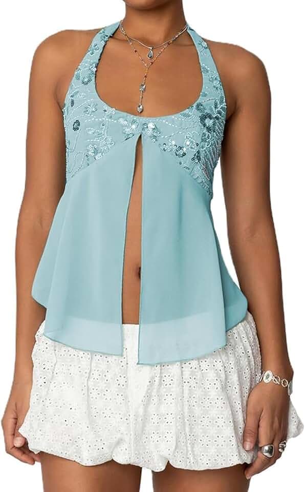 Nicoxijia Damen Y2K Sexy Pailletten Sparkle Neckholder Crop Tops Ausgehen Rückenfrei V-Ausschnitt Camisole Slim Fit Kokette Cami Tank Top
