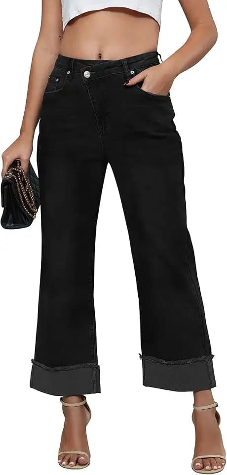 Genleck Women's Wide Leg High Waisted Jeans Crossover Baggy Jeans Boyfriend Stretchy Denim Pants 90s (Black,XL), X-Large