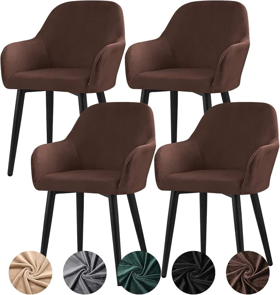 Alishomtll Stretch Samt Stuhlhussen 4er Set Sesselbezug mit Armlehnen Braun