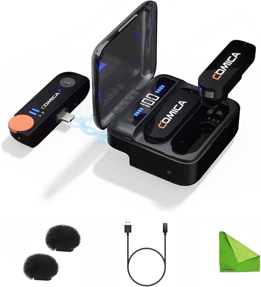 comica Vimo S-MI Lavalier Wireless Microphone,Dual Transmitters & 1 Receiver with Charging Case for iPhone and iPad,mini Mic for Interviewing,Live Streaming,Vlogging and Video Shooting Black