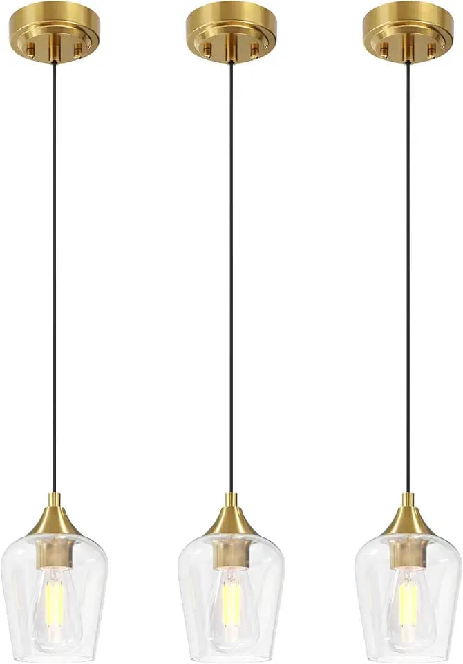 VONLUCE Pendant Lights Kitchen Island, Brushed Gold Pendant Light Fixtures with E26 Base & Adjustable Cable, Modern Pendant Lighting with Glass Shade for Living Room Bedroom Hallway, 3 Packs