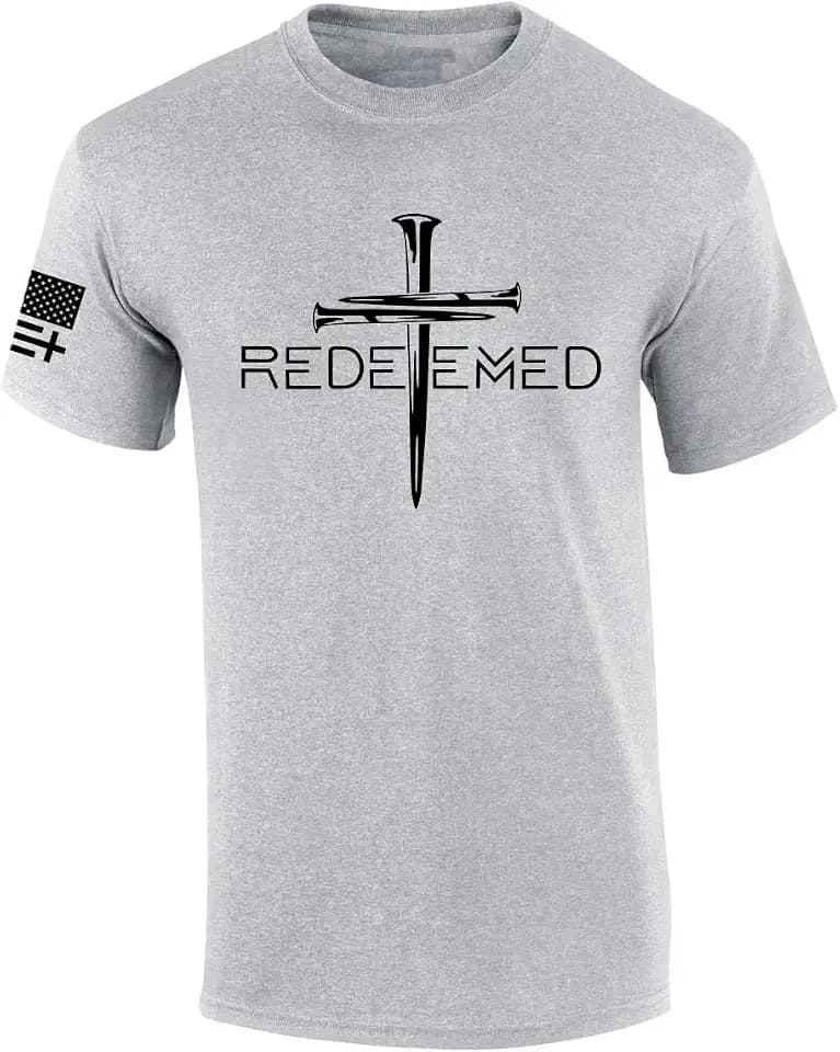 Redeemed Cross Nails Mens Christian American Flag Sleeve T-Shirt Graphic Tee
