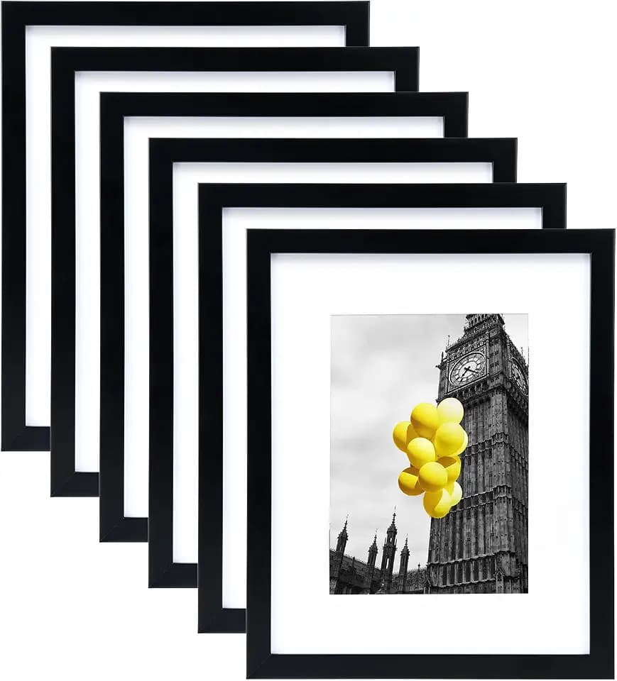 8x10 Picture Frame Set of 6, Display Pictures 5x7 with Mat or 8x10 Without Mat for Tabletop Display and Wall Mounting, Black