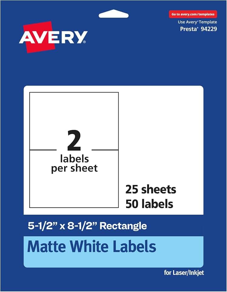 Avery® Matte White Rectangle Labels, 5.5" x 8.5", 50 White Labels, Permanent Adhesive, Laser/Inkjet Printable