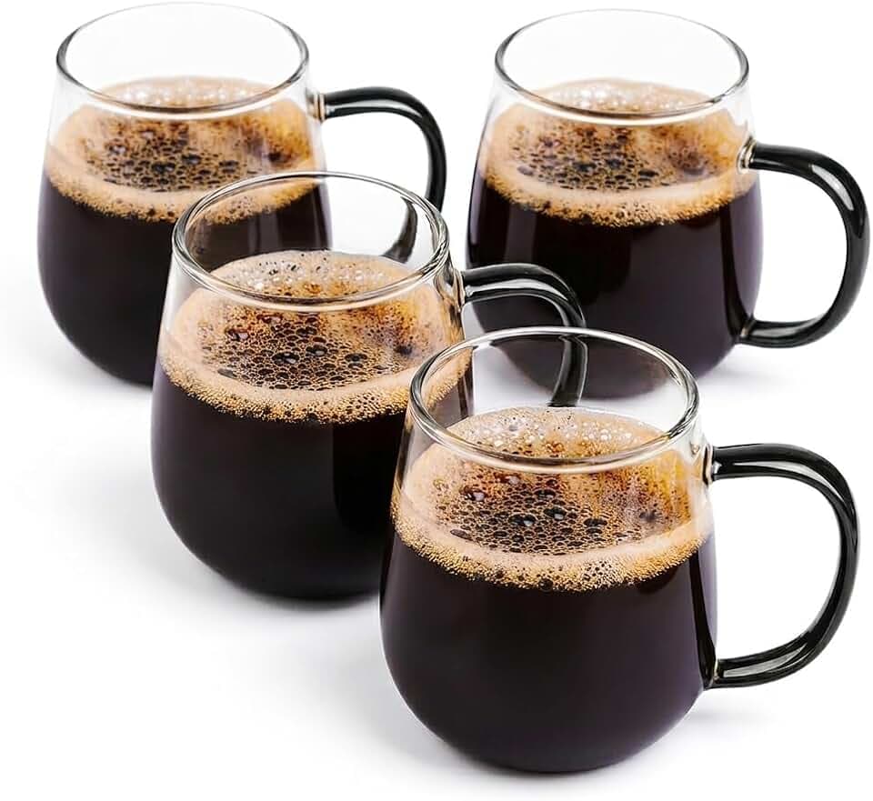 4 Pack 16 oz Clear Glass Coffee Mug with Black Handle, Lead-Free Glass Mugs Set for Latte Tea Cappuccino Hot Cold Drinks Home Office Daily Use