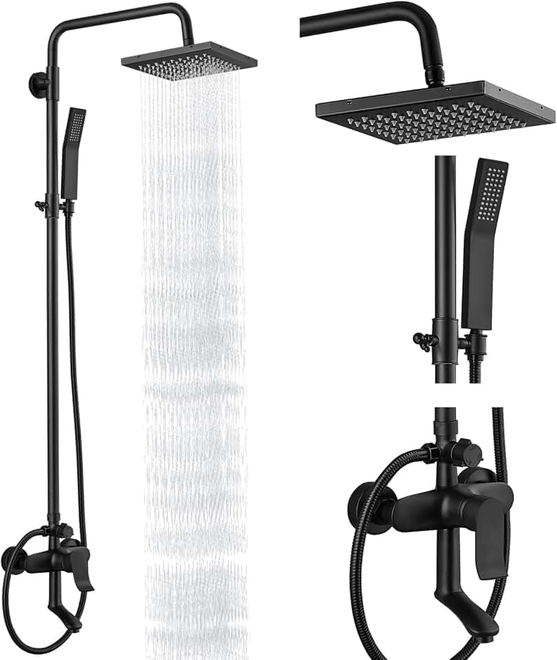 Mattschwarzes, freiliegendes Duschsystem, Dreifach-Funktion, Badezimmer-Duscharmatur, 20,3 cm, quadratisch, schwenkbar, Regenduschkopf mit Handbrause und verstellbarem Komplett-Set, Wannenauslauf,