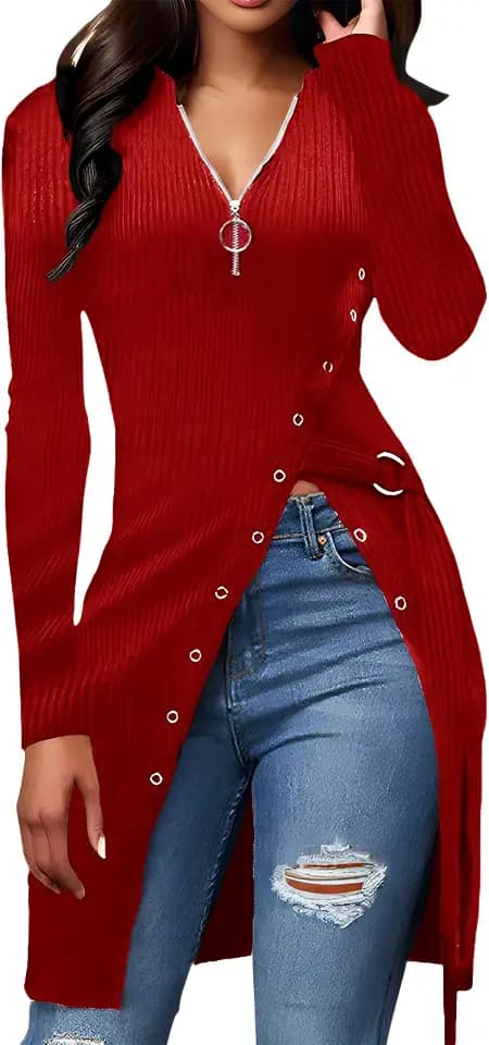 Women's Ribbed Zip Front Long Sleeve Top Side Split Tunic Blouse with Belt