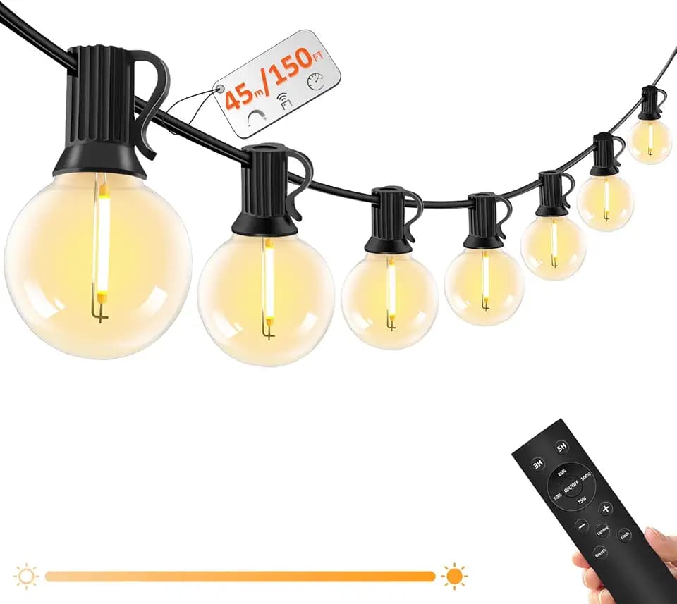 45M Lichterkette Außen mit Fernbedienung - LED Lichterkette Dimmbar G40 Glühbirnen - 4 Modus und Timmer Funktion, Wasserdicht für Outdoor Garten Balkon Terrasse Party Camping Hochzeit