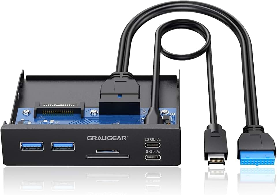 GRAUGEAR 3.5 Inch Front Panel USB C Hub, SD/microSD Internal Card Reader, 20Gbps USB 3.2 Gen 2x2, USB3.2 Type-E Key-A 20-Pin Header & USB3.0 Header & 15-Pin SATA Power Connection Required [G-MP01CR]