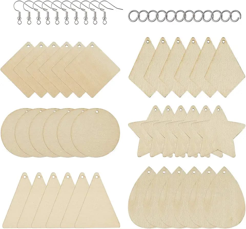 PandaHall 60 Stück unlackierte Holz-Ohrring-Anhänger in 6 Stilen, geometrische Blanko-Holzausschnitte mit Biegeringe und Ohrringhaken für Schmuckherstellung
