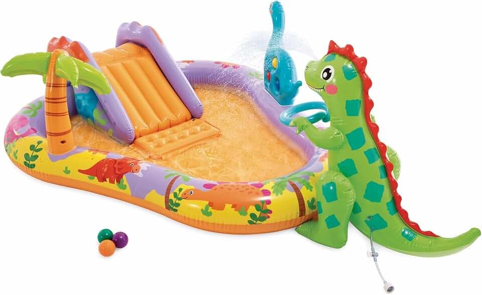 Intex Dino Park Wasserspielzentrum, 201 x 157 x 69 cm, aufblasbarer Dinosaurier, Rutsche mit gepolstertem Boden, Wassersprüher, Kugelset (im Lieferumfang enthalten), max. 54 kg, ab 2 Jahren,