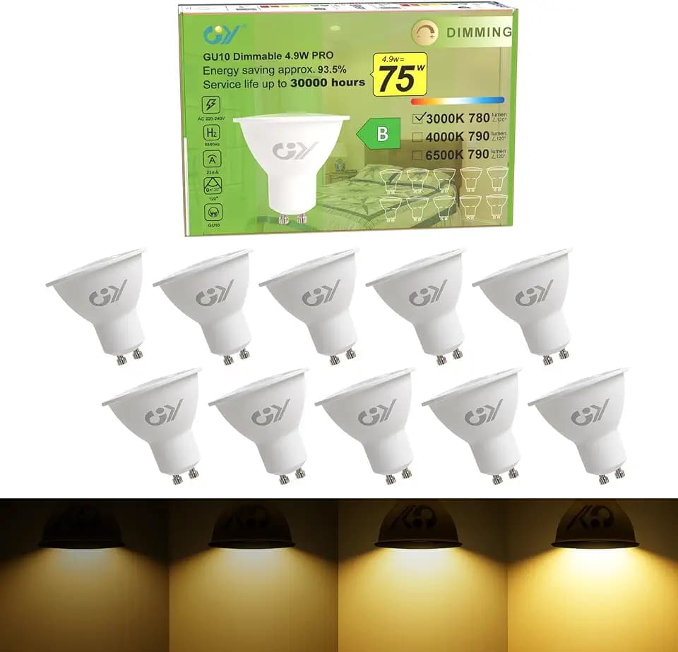 GY GU10 Led Dimmbar Warmweiss Lampe, 4.9W 780 Lumen 3000K Warmweiß Glühbirnen,75W lampe ersetzt,Abstrahlwinkel 120° Leuchtmittel,GU10 Dimmbar, Energiesparlampe,10 Stück