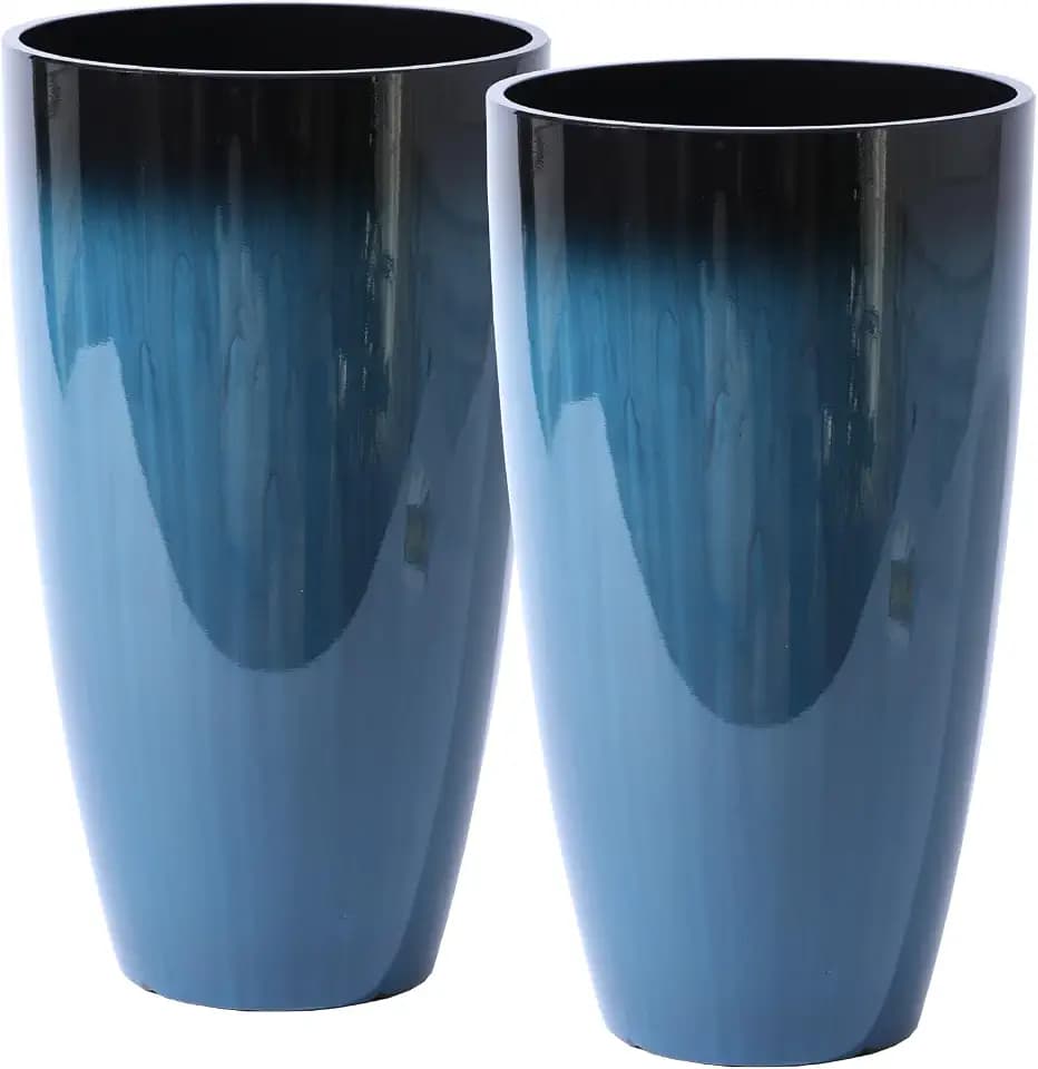 21" Tall Planters 2 Pack,Round Glazed Blue Resin Flower Pots Indoor Outdoor