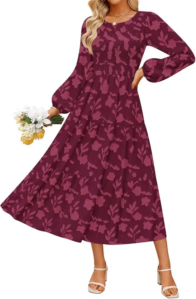 ZESICA Womens Fall Wedding Guest Long Sleeve Boho Midi Dress
