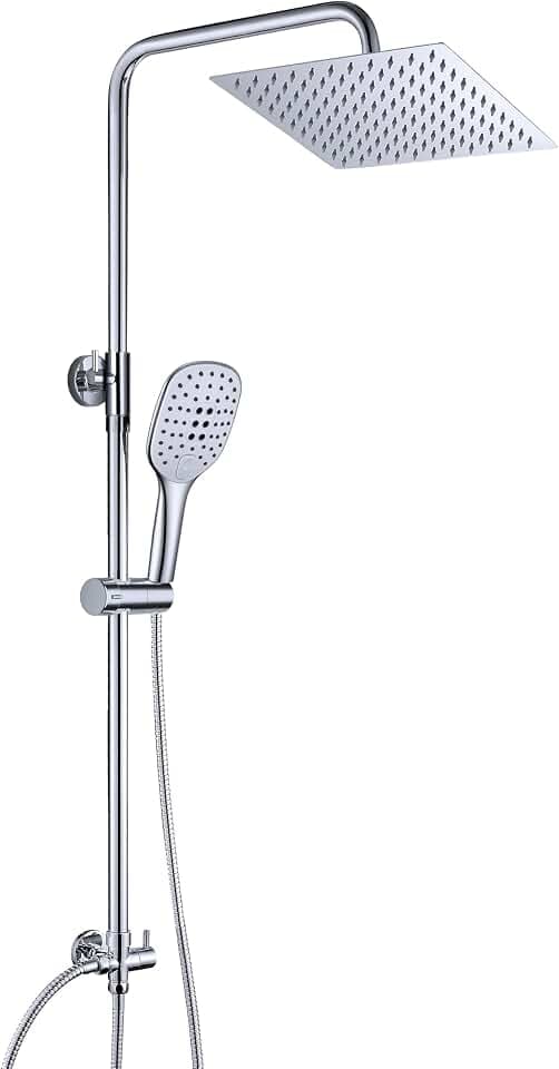 JOHO Duschset ohne Armatur, Chrom Edelstahl Duschsystem, Wassersparend Regendusche set, Überkopfbrause set, Duschgarnitur, eckige Kopfbrause 20x20cm