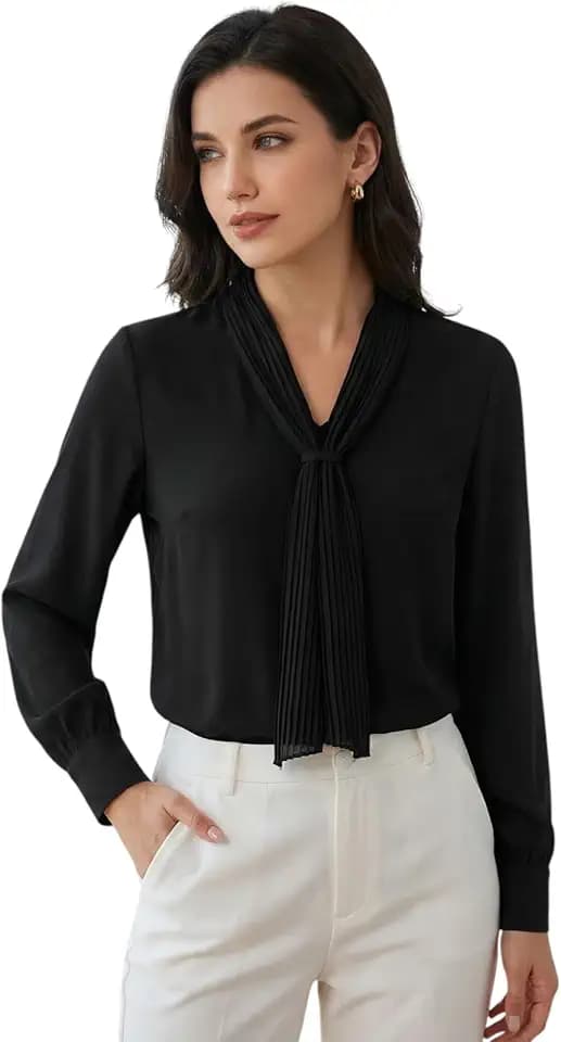 Allegra K Womens Long Sleeve Blouses Chiffon Pleated Tie Neck Office Top