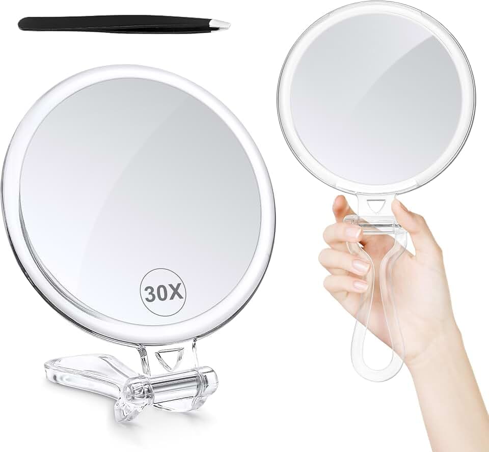 MIYADIVA Make-up Spiegel mit 30X Vergrößerung, doppelseitig (1X/30X), Handspiegel mit Griff – Kosmetikspiegel für Reise, Augenbrauen zupfen & Make-up