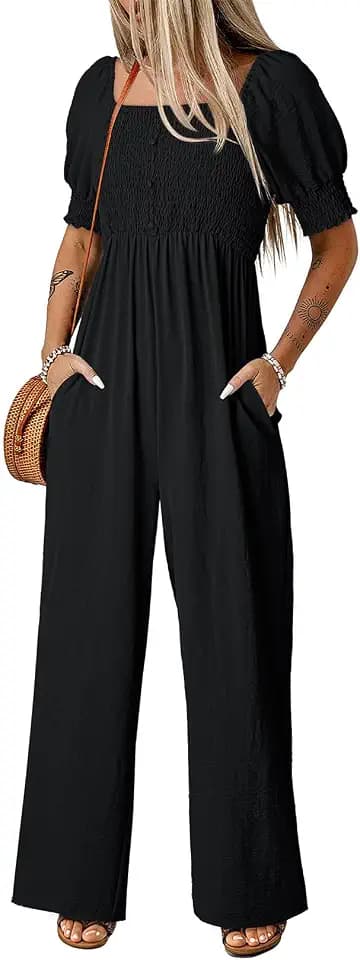 Dokotoo Jumpsuits for Women 2026 Summer Lantern Sleeves Rompers Wide Leg Casual Overalls with Pockets
