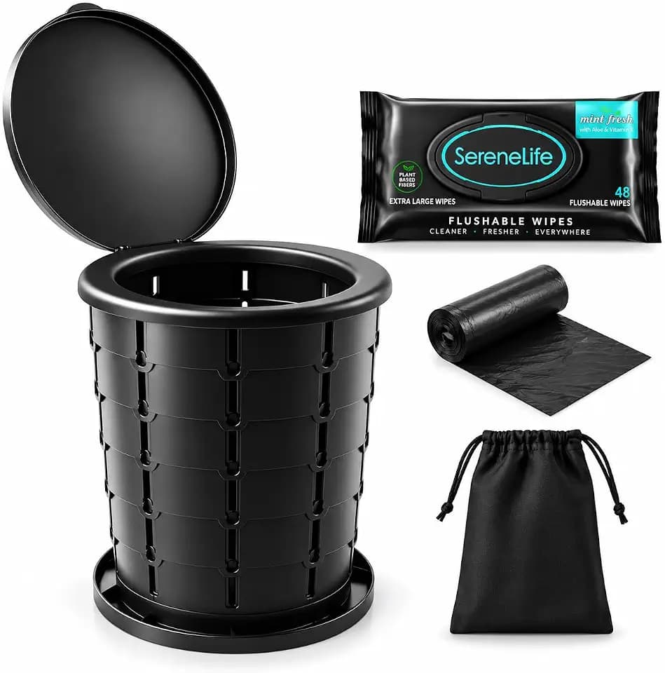 SereneLife Portable Camping Toilet, Adjustable Height Foldable Travel Potty with Lid, Carry Bag, 48 Flushable Wipes & Trash Bags, 330 Lbs Capacity, for Camping, Hiking, Boating & Emergencies