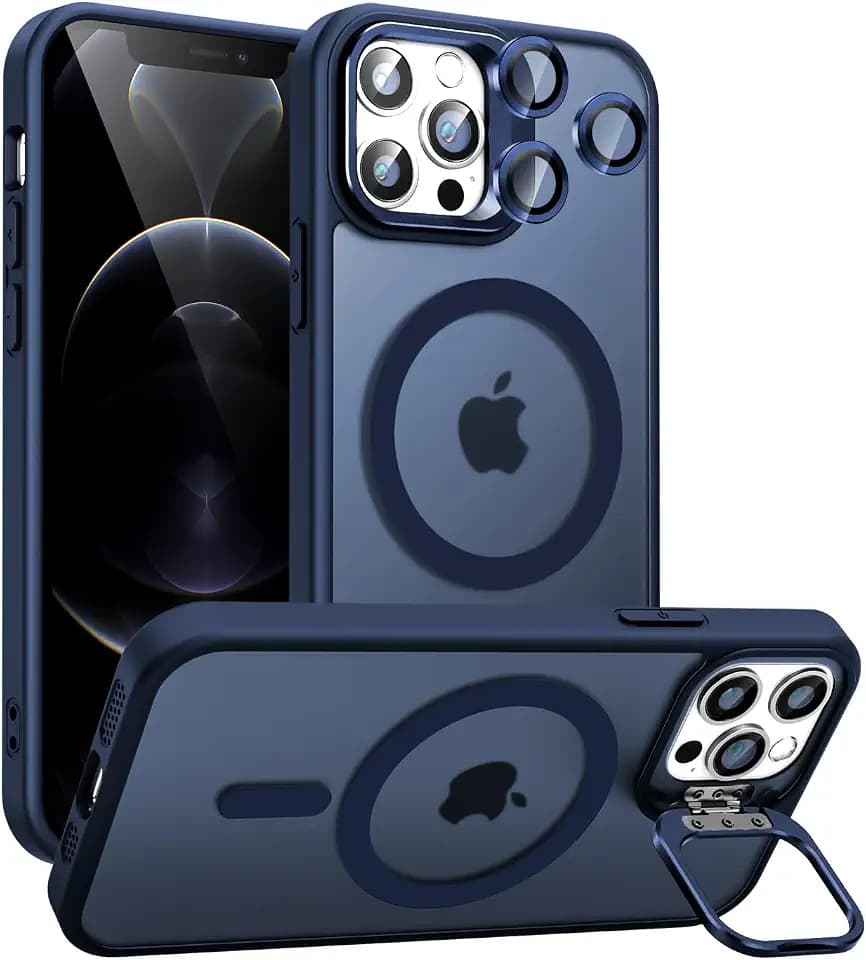 Magnetic for iPhone 12 Pro Case with Stand, Compatible with Magsafe, Military Protection & Camera Lens Protector Translucent Matte Case, Deep Blue
