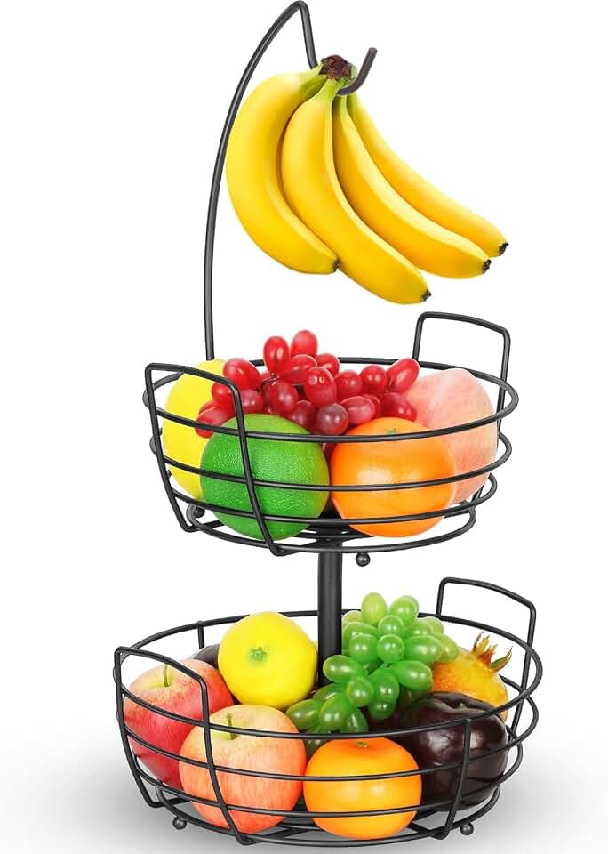 Obstkorb 2 Stöckig mit Bananenhaken - Metall Obststaender für die Arbeitsfläche - Küche Deko Obstschalen für Obst und Gemüse - Schwarz