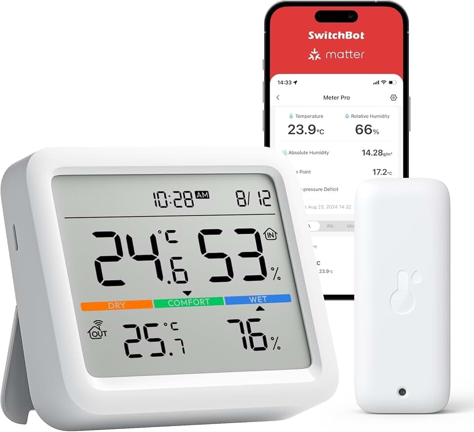 SwitchBot Bluetooth Wetterstation Funk mit Außensensor IP65, Hygrometer Thermometer mit Uhrzeit & Datum, Taupunkt/VPD/absolute Feuchte, Datenspeicherung für Gewächshaus, Keller, Weinkeller, Wohnzimmer