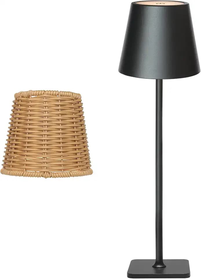 Waterproof Outdoor Rechargeable Cordless Table Lamp with Wicker Shade, Battery Operated Portable Table Light with Adjustable Height Pole, for Patio Restaurant Kitchen Dinner (Black)