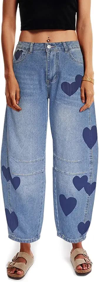 Barrel Jeans for Women Mid Rise Heart Printed Denim Ankle Pants Vintage Baggy Boyfriend Jeans
