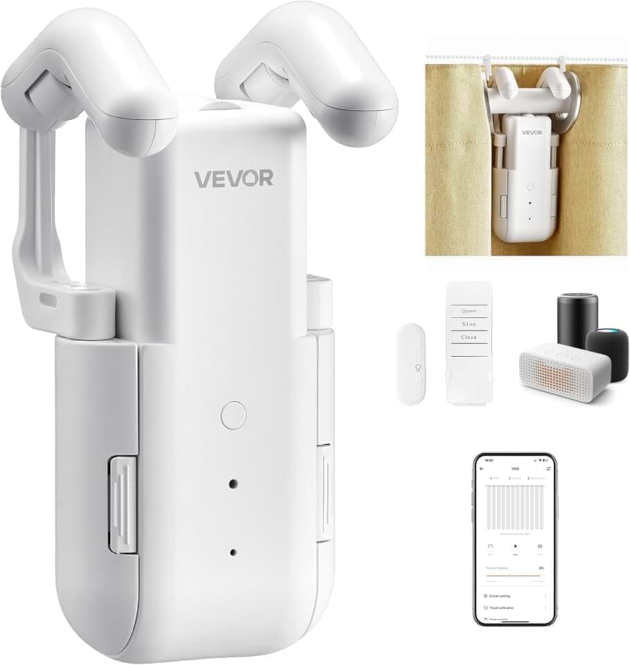 VEVOR automatischer Vorhangöffner (Steuerung über App & Fernbedienung) elektrischer Gardinenöffner, kompatibel mit Alexa & Google Home, mit Lautlosmodus & Timer, für römische Gardinenstangen