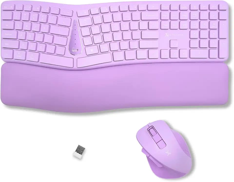X9 Ergonomic Keyboard and Mouse Wireless Combo - Purple Keyboard and Mouse Wireless, Bluetooth/2.4G Split, Wrist Rest, Rechargeable, Silent Ergo Keys - PC, Mac, iOS, Android