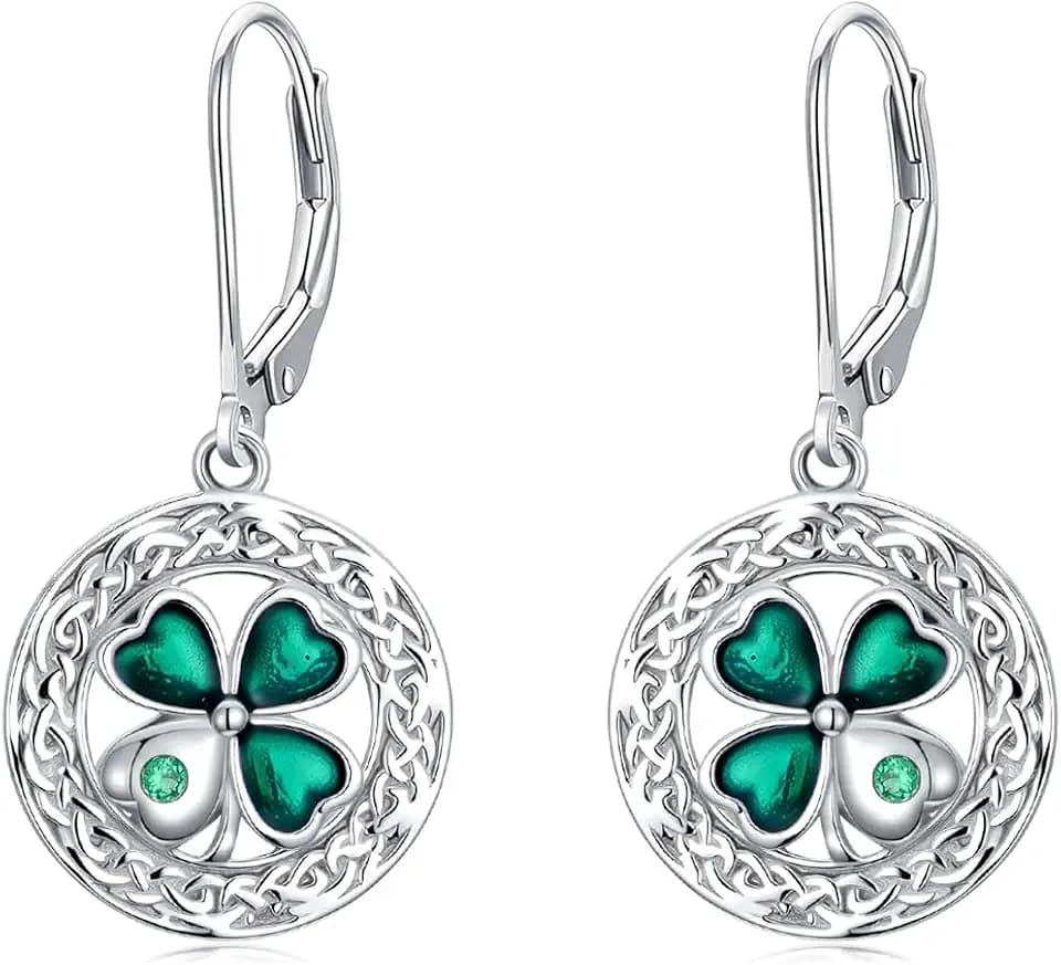 Four Leaf Clover Earrings for Women, 925 Sterling silver Celtic knot Heart Lucky Clover Earring Hypoallergenic, Emerald Irish Mother’s Day Birthday Valentine's Jewelry Gift for Women Mom