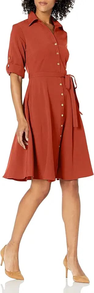 Sharagano Women's Pleated Shirt Dress – 3/4 Sleeve, V-Neck, Gold Buttons
