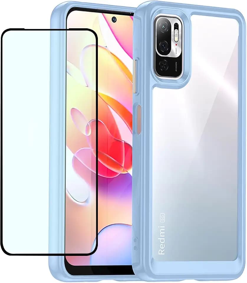 Clear Hülle für Redmi Note 10 5G/Poco M3 Pro/Note 10T 5G/Note 11SE 5G Hülle mit HD-Bildschirmschutz, stoßfeste Harte PC + TPU-Stoßstangenschutz hülle für Xiaomi Redmi Note 10 5G Crystal Blue